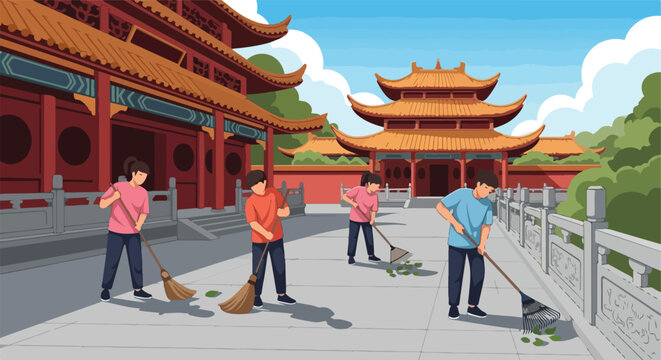 Four people sweep and rake leaves on the grounds of a traditional Asian temple