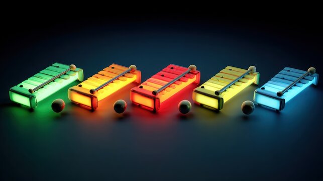 Five neon-colored xylophones with mallets, on a reflective black surface, with soft lighting