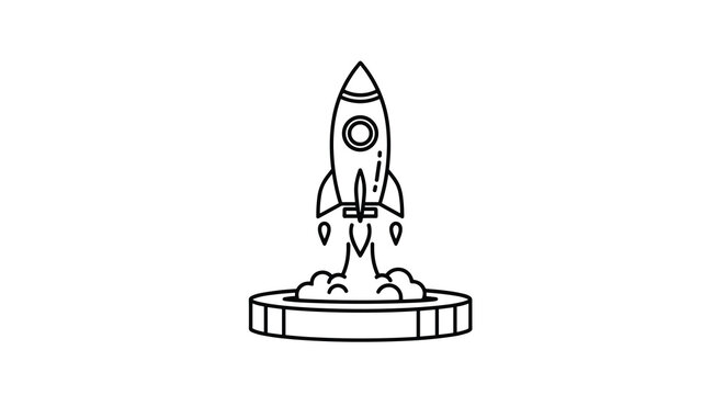 A stylized black outline rocket launches vertically with smoke from a simple circular coin against a pristine white background.