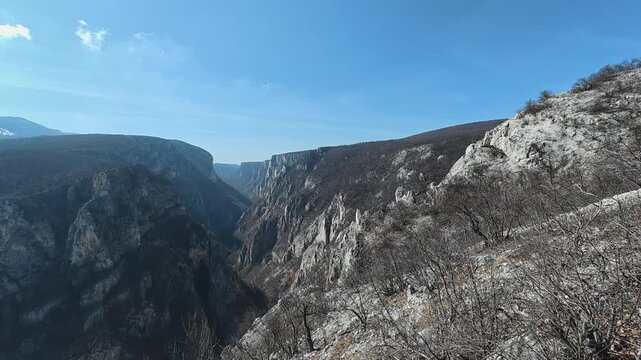 Deep canyon cuts through rugged stone walls. Lazarev (Lazar's) Canyon. Balkans, Serbia.