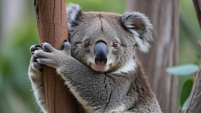 Close-up of a cute koala clinging to a eucalyptus tree trunk in Australia