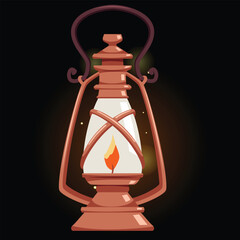 Obraz premium Vintage magic lantern with burning candle, vector cartoon antique hanging bronze holder with handle, kerosene lamp