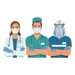 Fototapeta premium Medical Heroes Unite: A dedicated medical team stands united, embodying resilience and care, each individual masked and prepared to combat and care for those in need.