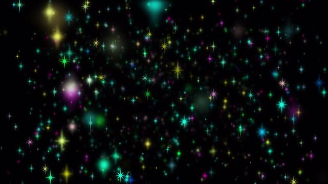 手前に飛んでくるたくさんのカラフルな輝く星、4K画質、背景透過のループ映像素材
