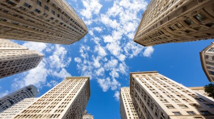 Obraz na płótnie Canvas Modern city skyscraper architecture business corporate urban skyline buildings perspective blue sky clouds calm realestate office tower looking up view for growth success and stability