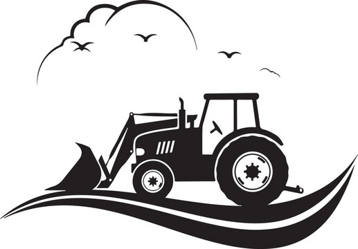 Tractor Silhouette Working in Field with Clouds and Birds