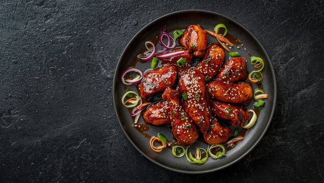 Top view of teriyaki chicken on a plate against a dark stone backdrop.