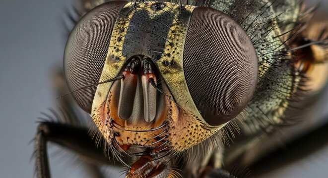 Extreme macro images of fly showing detailed structure, compound eyes, and textures, suitable for scientific, educational, and hygiene-related content.