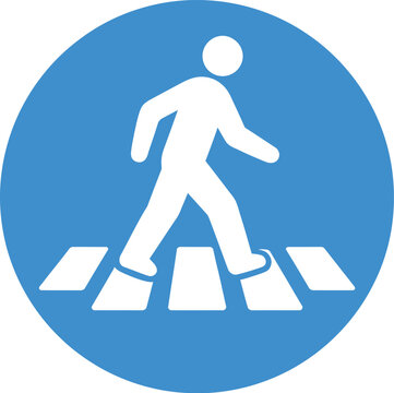 Pedestrian crossing sign vector, blue circular road safety icon, walking person on crosswalk symbol for urban traffic