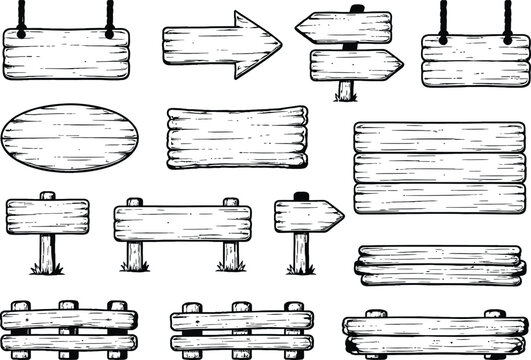 Rustic wooden sign collection, hand drawn wood plank set, vintage timber directional arrows and banners, 14 vectors