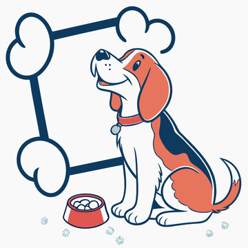 Beagle dog sitting with bone frame and food bowl