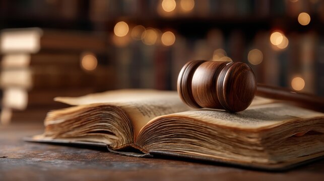 Wooden judge gavel resting on open antique law book. Legal system and justice concept. Courtroom atmosphere with library background. Professional judicial tool for litigation process.