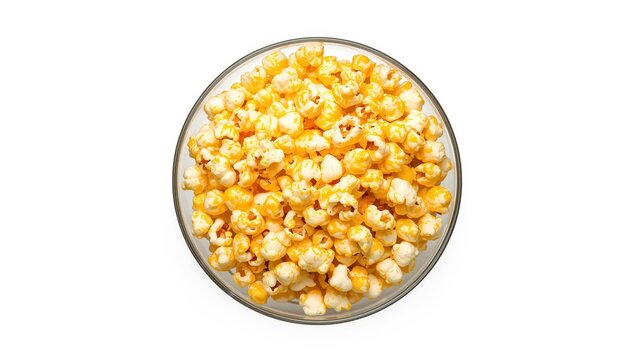 Top view of popcorn in a glass bowl on a white background. Popcorn is a type of corn kernel that expands when heated.