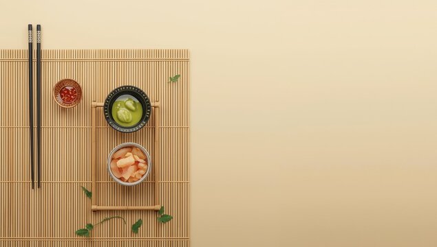 Beige backdrop featuring bamboo mat, chopsticks, bowls of wasabi, soy sauce, and pickled ginger.