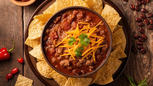 Chili with cheese and nachos on a wooden surface, overhead view. Homemade Mexican dish featuring red beans and ground beef. Chilean beans.