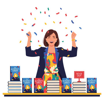 Happy author celebrating a successful book launch event with confetti falling down