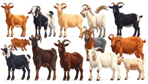 Fifteen stylized goats stand in two rows, varying in color and horn style, posed against a clean white background