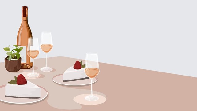 Reception desktop wallpaper, rose wine and cakes, celebration illustration design
