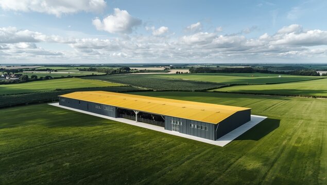 A large, elevated barn with a yellow roof and ventilated walls designed for livestock. Modern cow farm exterior made from innovative materials, typical in Europe.
