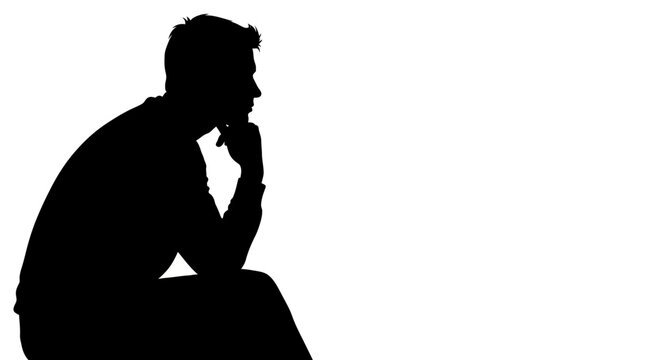 Silhouette of a man sitting and thinking, deep in thought, contemplative pose