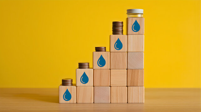 Water Drop Growth Chart with Coins and Glass Jar on Yellow Background