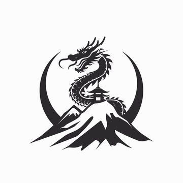 Majestic Eastern Dragon and Pagoda on Mountain Vector Illustration. Mythological Asian Creature Logo Design.