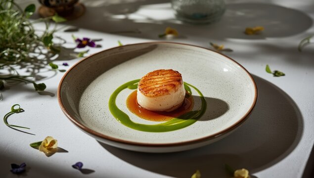 Tender scallop topped with savory glaze and vibrant matcha green, reminiscent of Japanese Tsukimi and culinary artistry's serene drama.