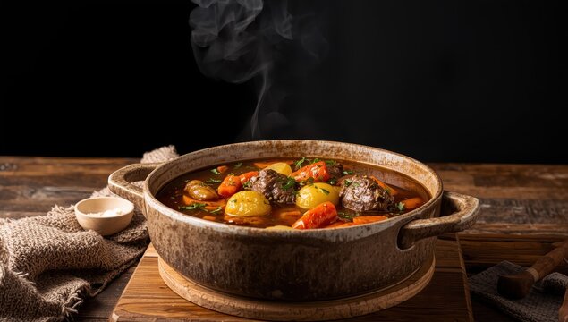 Beef stew with potatoes, carrots, and spices on a dark backdrop, overhead view, with space for text. Cozy homemade winter dish - slow-cooked meat stew.