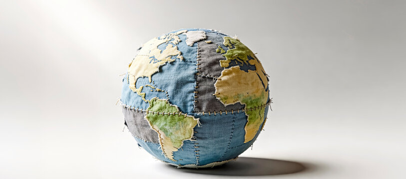 Planet Earth nade of Torn Fabric Stitched Together, Empty White Background