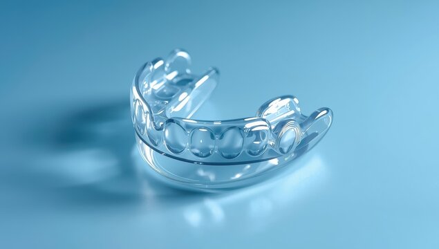 Detailed view of clear silicone night guard for teeth grinding on a blue backdrop, related to dental care and solutions for bruxism.