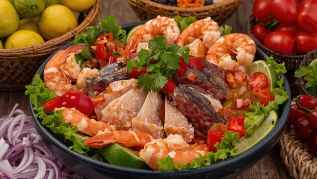 Ceviche from Peru, prepared with light fish like corvina and darker varieties such as bonito or tuna.