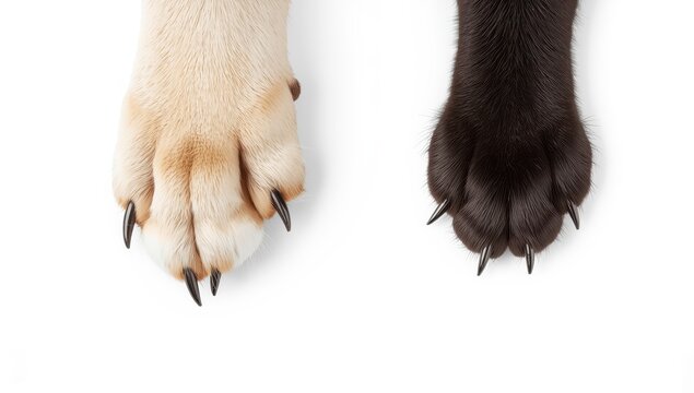 Closeup of a Labrador retriever's and Scottish Straight cat's paws on a white background.