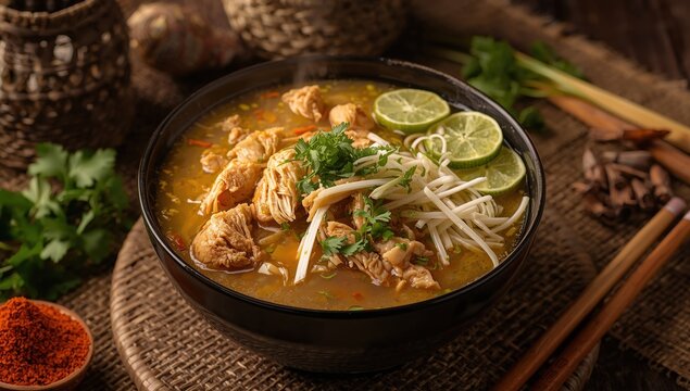 Soto Ayam, a traditional Indonesian dish, features chicken, vermicelli, and bean sprouts in a turmeric-infused broth.
