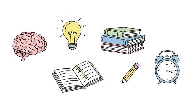 Intellectual Inspiration: A collection of educational elements symbolizing knowledge, creativity, and the pursuit of wisdom.