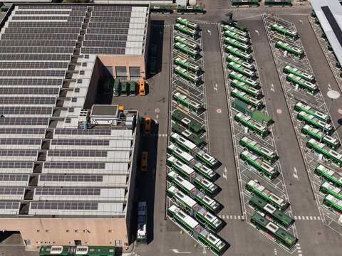 Aerial View Electric Bus Charging Depot Milan Italy