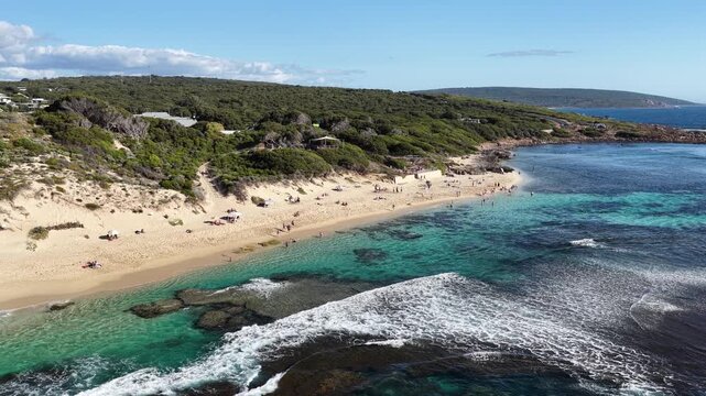 Western Australia Aerial Video Yallingup Beach People Sunbathing Swimming Turquoise Ocean 4K