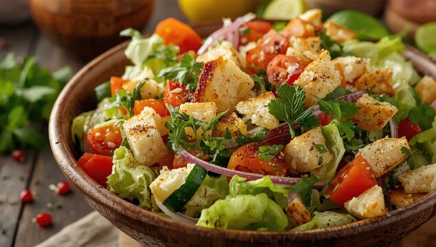 Closeup of a nutritious fattoush salad featuring toasted pita, fresh vegetables, herbs, and a lemon-sumac dressing.