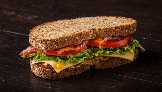 Close-up of a double BLT sandwich with cheddar on dark wood, featuring wholegrain bread, bacon, lettuce, tomato, cheese, and sauce for a healthy lunch.