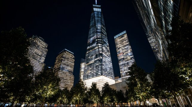 Skyscraper city skyline night urban building lights architecture modern tower downtown business illuminated dark sky trees perspective tall structure evening citylife commercial district