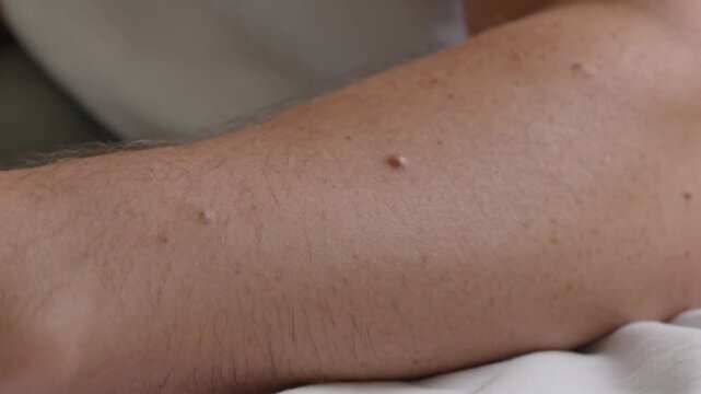 Close-up of a human arm with freckles and a mole, skin texture and details
