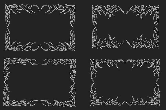 Neo tribal frame set with cyber sigilism, gothic Y2K style, sharp thorn spikes forming sphere and rectangular shapes, suitable for t-shirt, tattoo, poster, logo, and background designs.