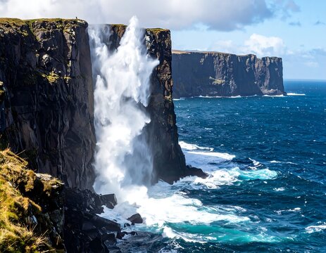 A scenic coastal view showcasing a tall waterfall cascading down a sheer cliff face into the vast, turbulent ocean