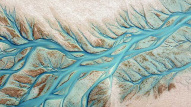 Aerial view of glacial river delta in Iceland. Patterns of blue water flowing through sandy sediment. Natural landscape formation from high altitude. Abstract environment geology concept.