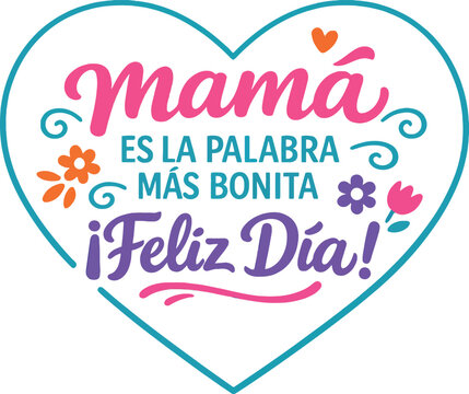 Mama es la palabra mas bonita feliz dia quote, Spanish mothers day design, mom love typography, heart frame vector, floral decorative lettering, greeting card design, printable poster artwork