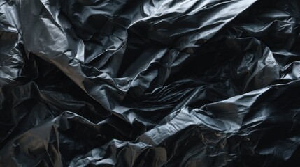Obraz premium Black plastic texture background with deep folds and wrinkles. Synthetic material surface with light reflection. Dark abstract industrial pattern for creative design and backdrop.