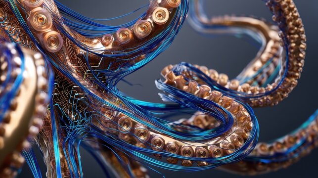 Metal octopus tentacle with glowing fiber optic cables on circuits. Robotic creature appendage with electronic components. Concept of synthetic biology, artificial intelligence and bionics.
