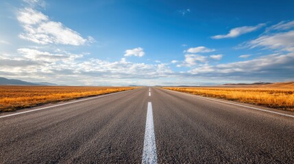 Naklejka premium Empty straight asphalt road stretching to horizon through rural area. Landscape with golden grass field under blue cloudy sky. Concept of future journey, travel, freedom and new beginning.