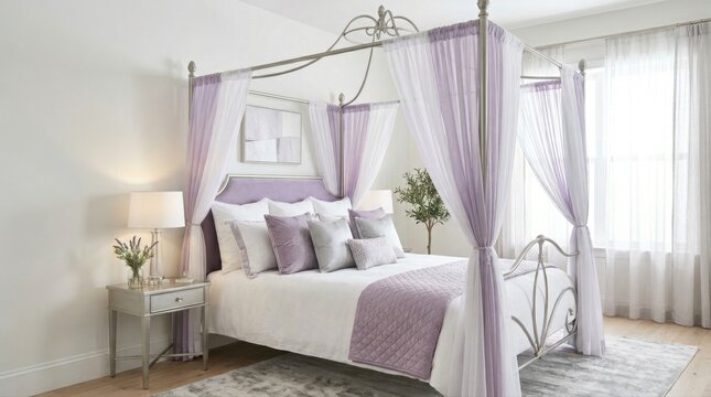 Elegant bedroom with a luxurious four-poster bed and soft lavender accents