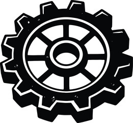 Obraz premium Industrial gear wheel vector, black mechanical cogwheel icon, vintage machinery part, engineering and repair symbol