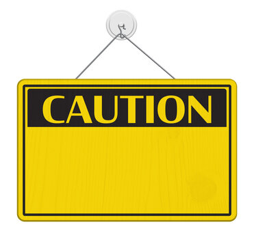 Hanging blank black and yellow caution sign isolated on white